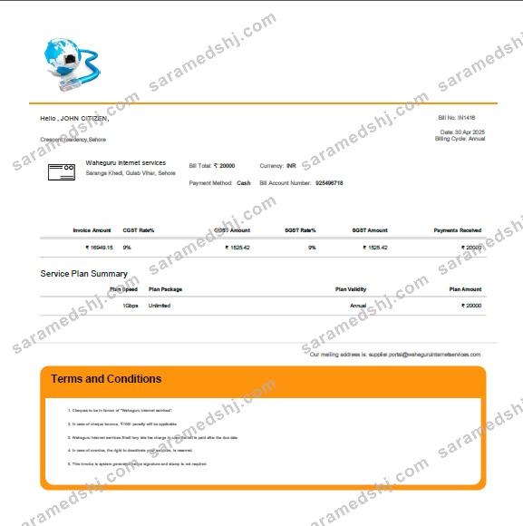 India Waheguru Telecom utility bill template in Word and PDF formats